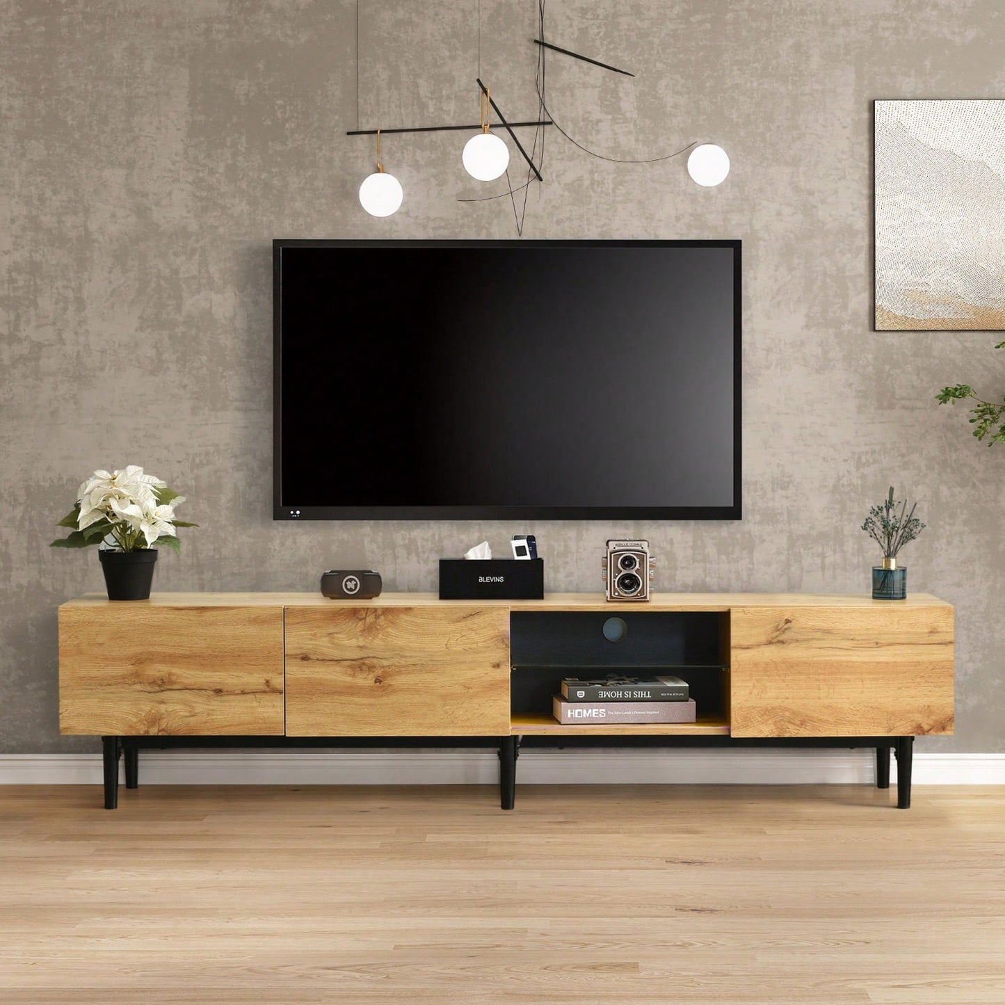 Stylish Modern TV Stand with 4 Cabinets and LED Light for TVs Up to 80 Inch Entertainment Center for Living Room and Bedroom