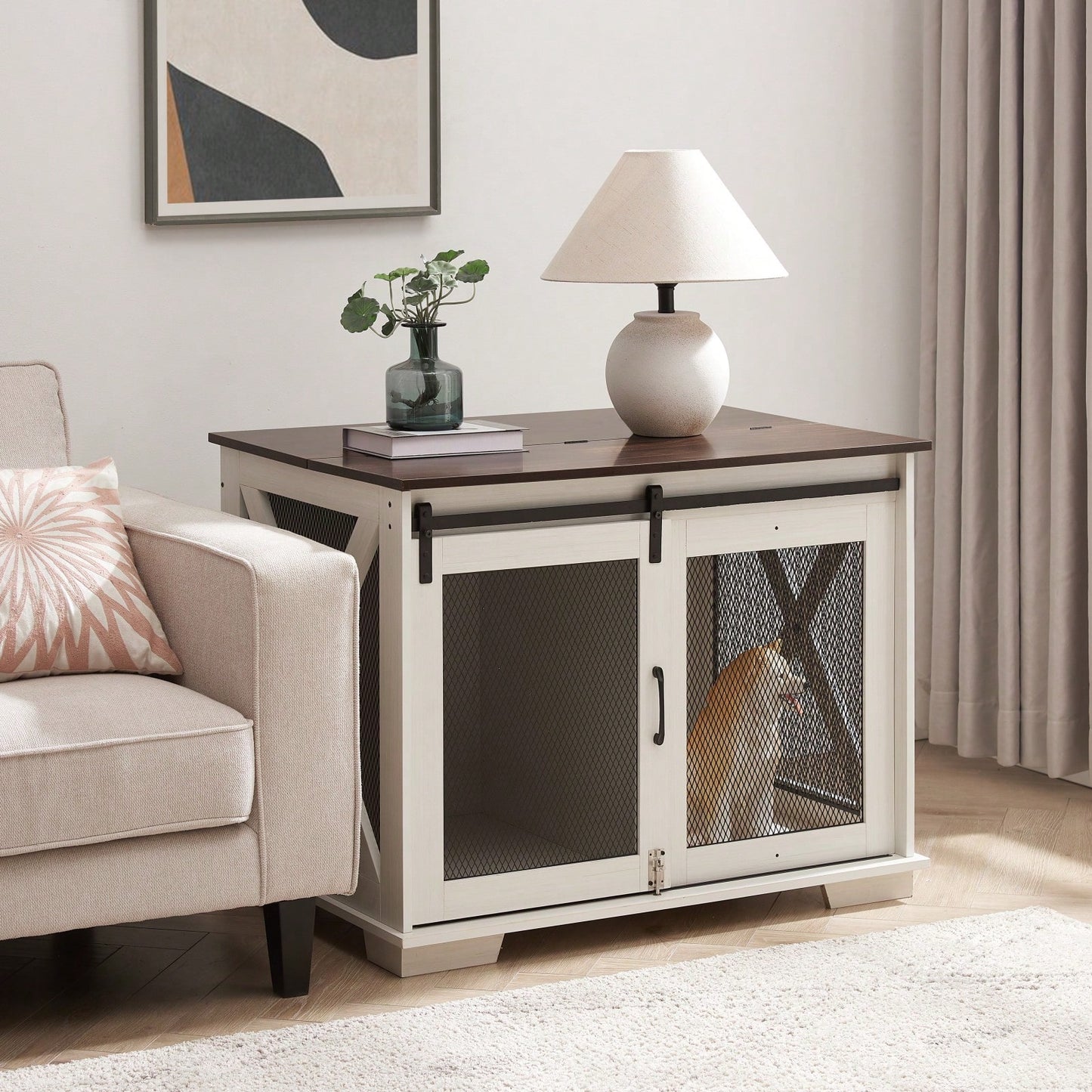 Farmhouse Style Dog Crate End Table with Sliding Barn Door and Flip-Top for Small Medium Large Dogs