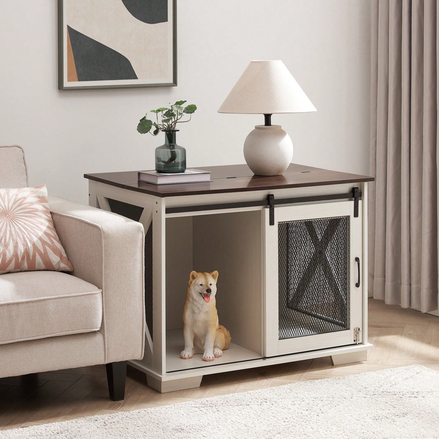 Farmhouse Style Dog Crate End Table with Sliding Barn Door and Flip-Top for Small Medium Large Dogs