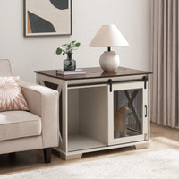 Farmhouse Style Dog Crate End Table with Sliding Barn Door and Flip-Top for Small Medium Large Dogs