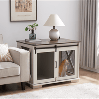 Farmhouse Style Dog Crate End Table with Sliding Barn Door and Flip-Top for Small Medium Large Dogs