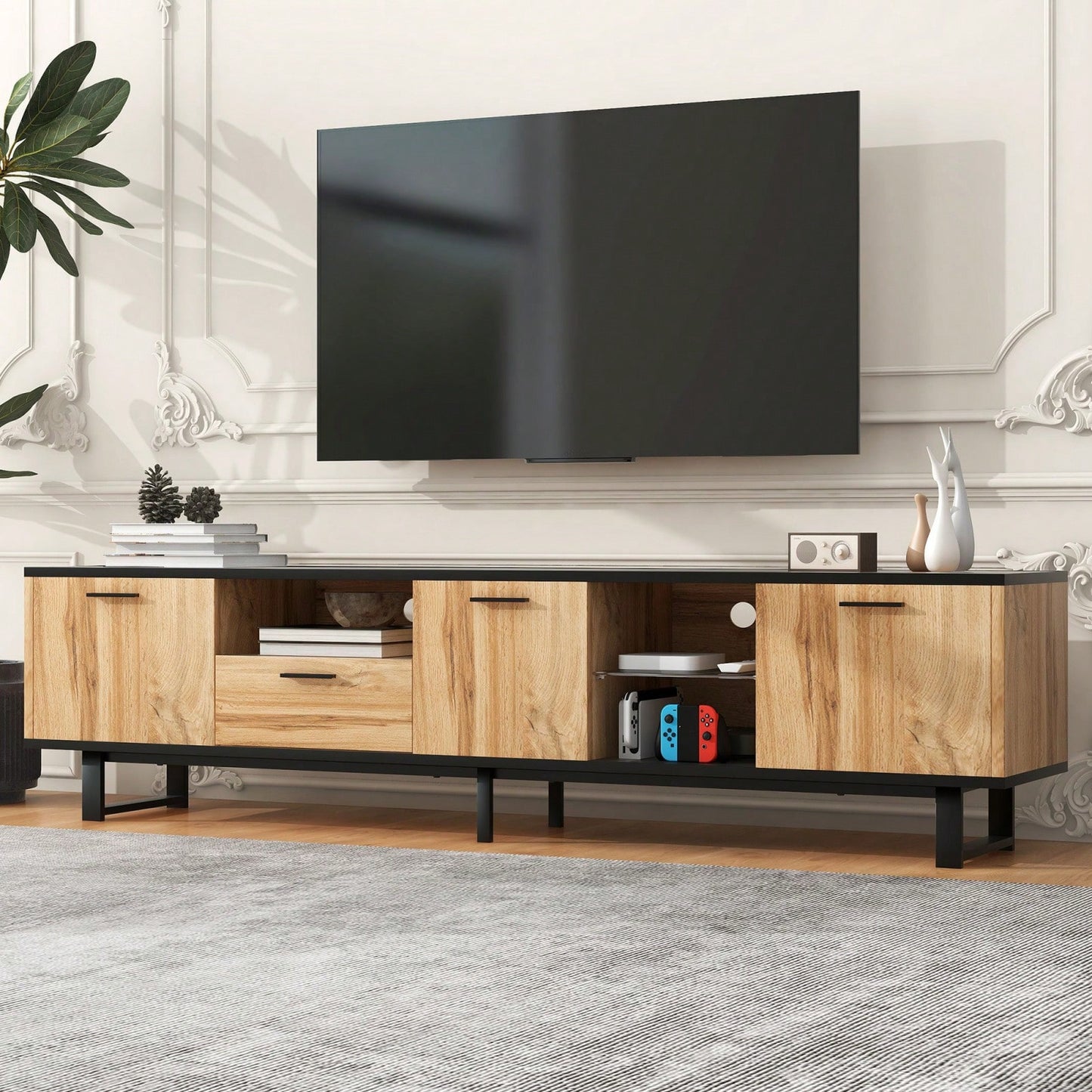 Stylish TV Stand with 4 Cabinets and Open Shelves for 80 Inch TVs Modern Media Console for Living Room and Home Theatre