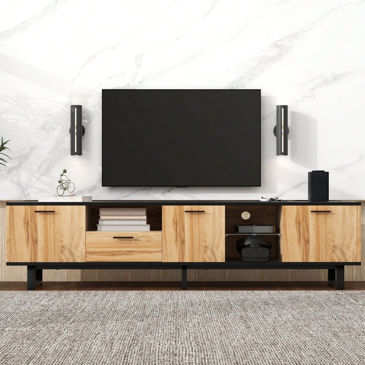 Stylish TV Stand with 4 Cabinets and Open Shelves for 80 Inch TVs Modern Media Console for Living Room and Home Theatre