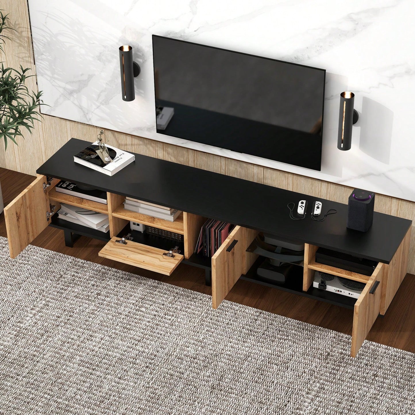 Stylish TV Stand with 4 Cabinets and Open Shelves for 80 Inch TVs Modern Media Console for Living Room and Home Theatre