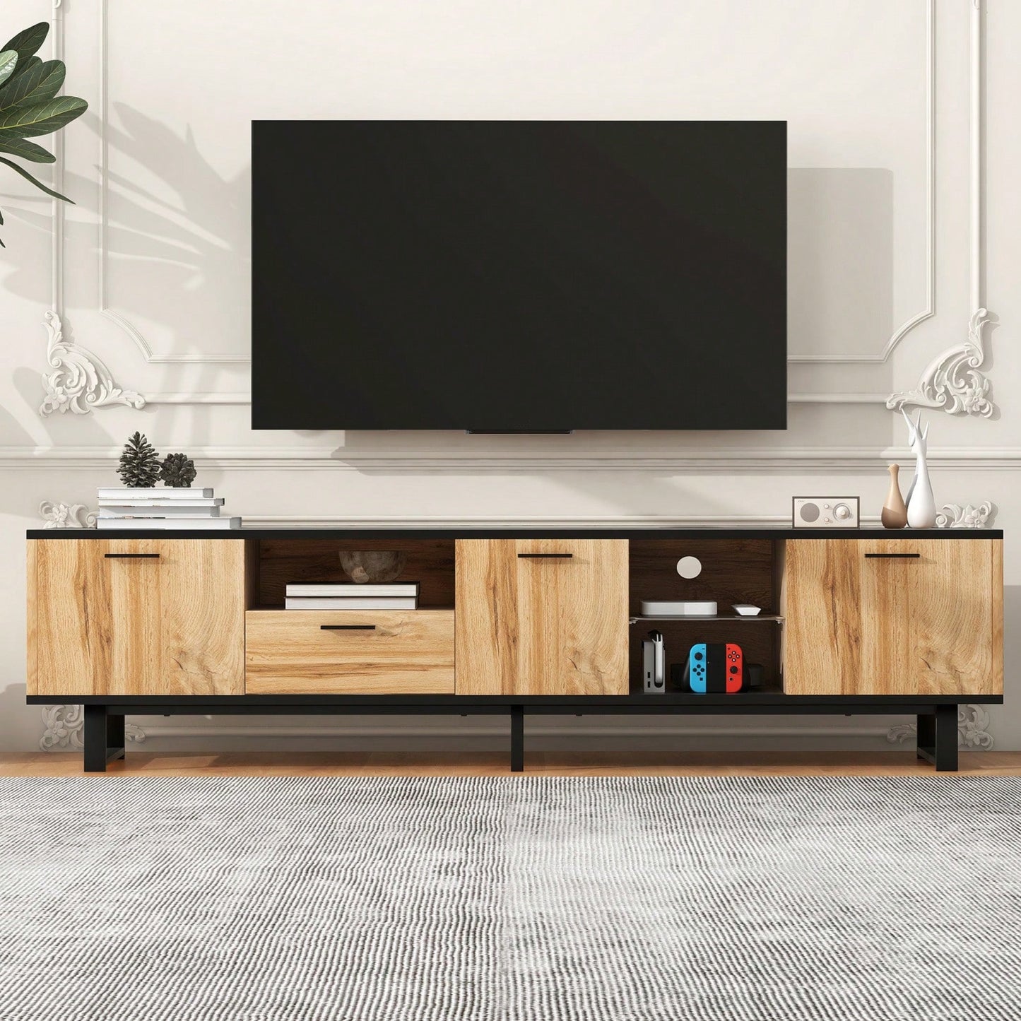 Stylish TV Stand with 4 Cabinets and Open Shelves for 80 Inch TVs Modern Media Console for Living Room and Home Theatre