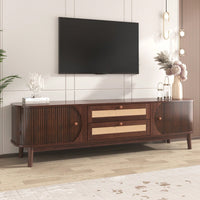 Modern Farmhouse Rattan TV Stand for TVs Up to 75 Inches Multifunctional Storage Center with Solid Wood Legs