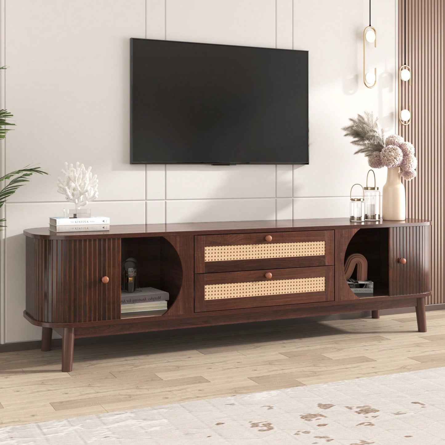 Modern Farmhouse Rattan TV Stand for TVs Up to 75 Inches Multifunctional Storage Center with Solid Wood Legs