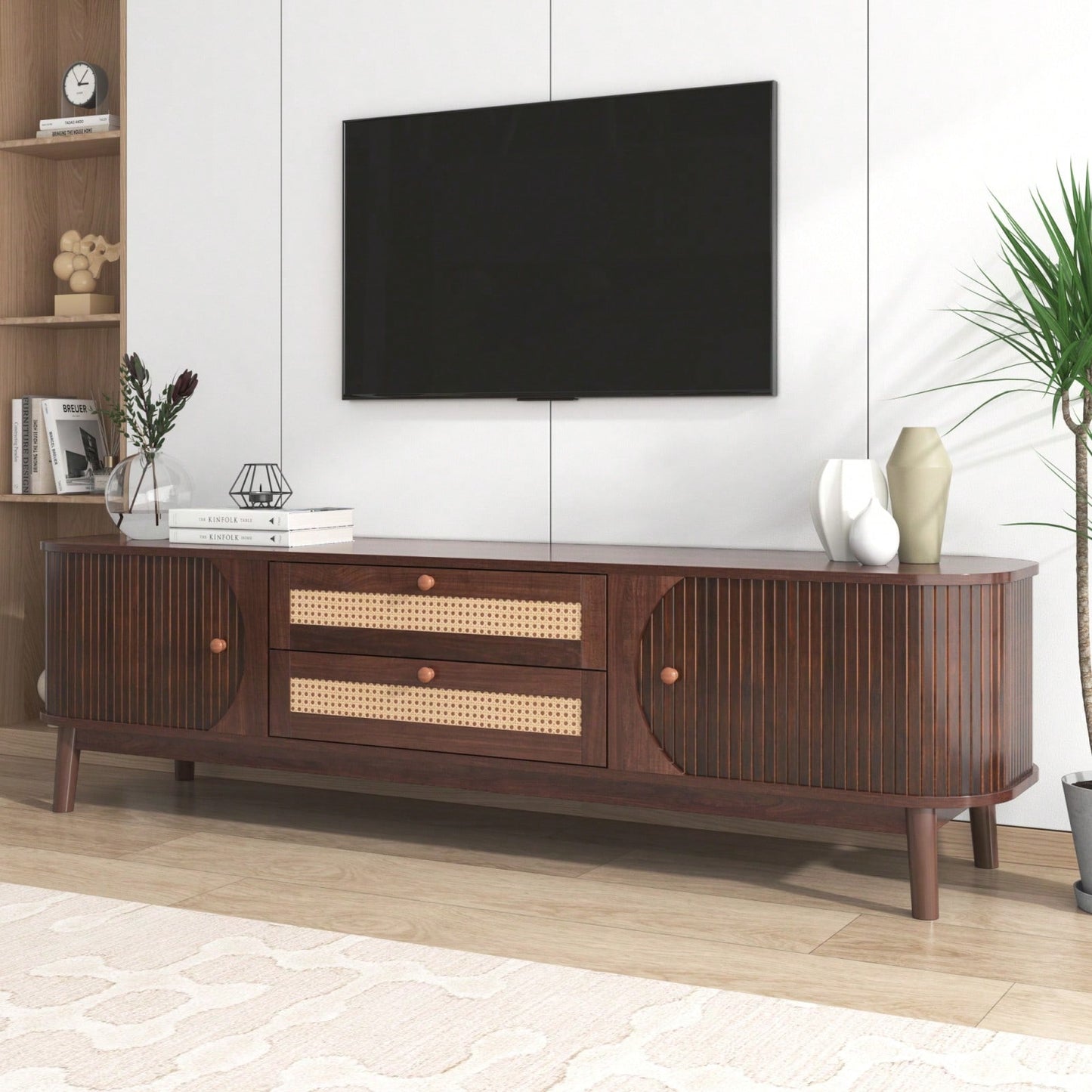 Modern Farmhouse Rattan TV Stand for TVs Up to 75 Inches Multifunctional Storage Center with Solid Wood Legs