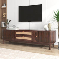 Modern Farmhouse Rattan TV Stand for TVs Up to 75 Inches Multifunctional Storage Center with Solid Wood Legs