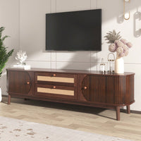 Modern Farmhouse Rattan TV Stand for TVs Up to 75 Inches Multifunctional Storage Center with Solid Wood Legs