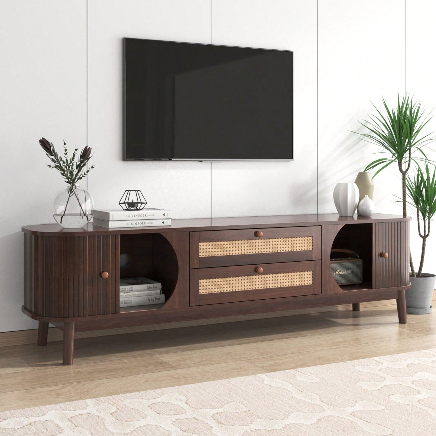 Modern Farmhouse Rattan TV Stand for TVs Up to 75 Inches Multifunctional Storage Center with Solid Wood Legs