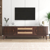 Modern Farmhouse Rattan TV Stand for TVs Up to 75 Inches Multifunctional Storage Center with Solid Wood Legs