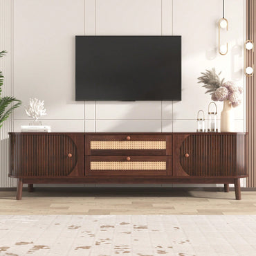 Modern Farmhouse Rattan TV Stand for TVs Up to 75 Inches Multifunctional Storage Center with Solid Wood Legs