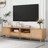 Rattan TV Stand For TVs Up To 85'', Modern Farmhouse Media Console, Entertainment Center With Solid Wood Legs, TV Cabinet For Living Room