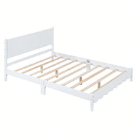 Full Size Wood Platform Bed Frame, Retro Style Bed With Rectangular Headboard
