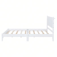 Full Size Wood Platform Bed Frame, Retro Style Bed With Rectangular Headboard