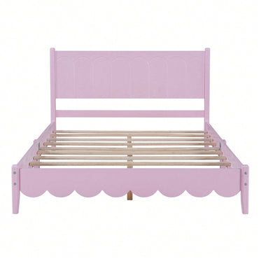 Full Size Wood Platform Bed Frame, Retro Style Bed With Rectangular Headboard