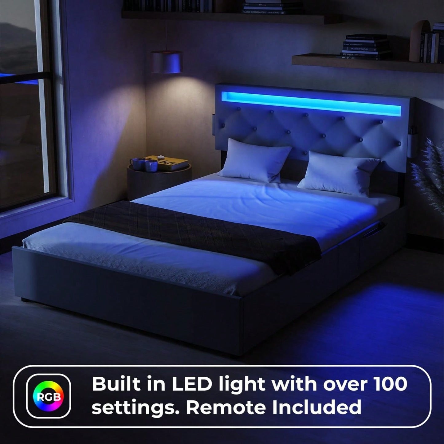 Modern Full Size Platform Bed Frame with USB Charging Station LED Lights and Storage Drawers No Box Spring Required