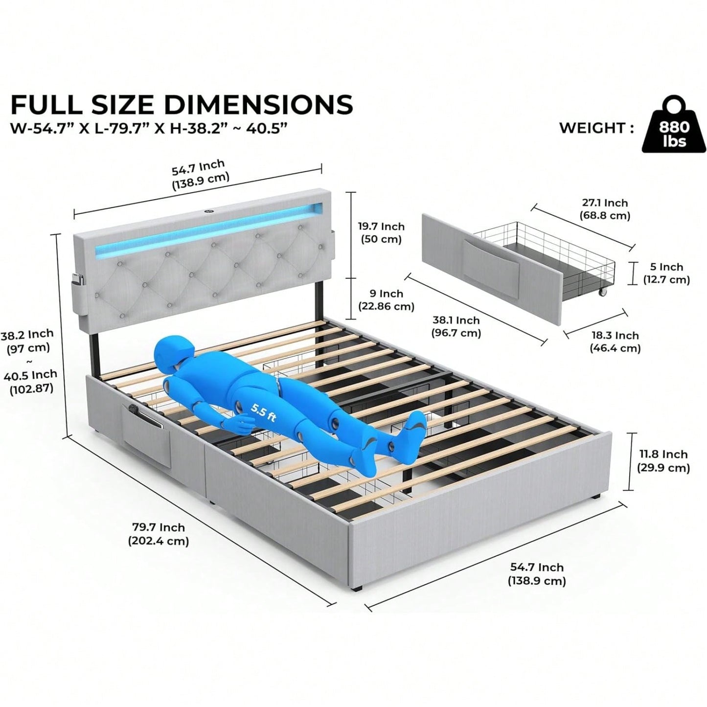 Modern Full Size Platform Bed Frame with USB Charging Station LED Lights and Storage Drawers No Box Spring Required