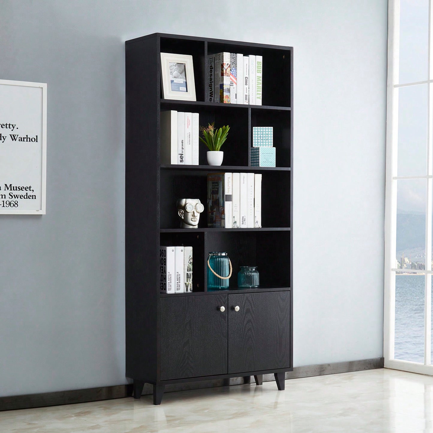 Large Modern Bookcase With Doors, 7-Tier Storage Shelf With Adjustable Legs, Black Wood Grain Finish, For Home Office Living Room