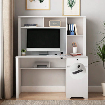 Wooden Executive Home Office Desk with Hutch and Charging Station for Student Study and Bedroom