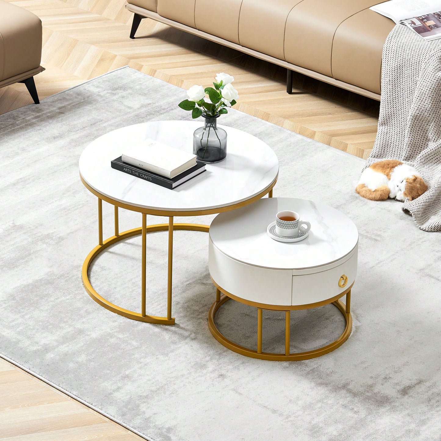 Nesting Coffee Table Set Of 2 For Living Room, Modern Round Sintered Stone Top End Table With Storage Drawer And Metal Frame, Easy Assembly