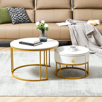 Nesting Coffee Table Set Of 2 For Living Room, Modern Round Sintered Stone Top End Table With Storage Drawer And Metal Frame, Easy Assembly