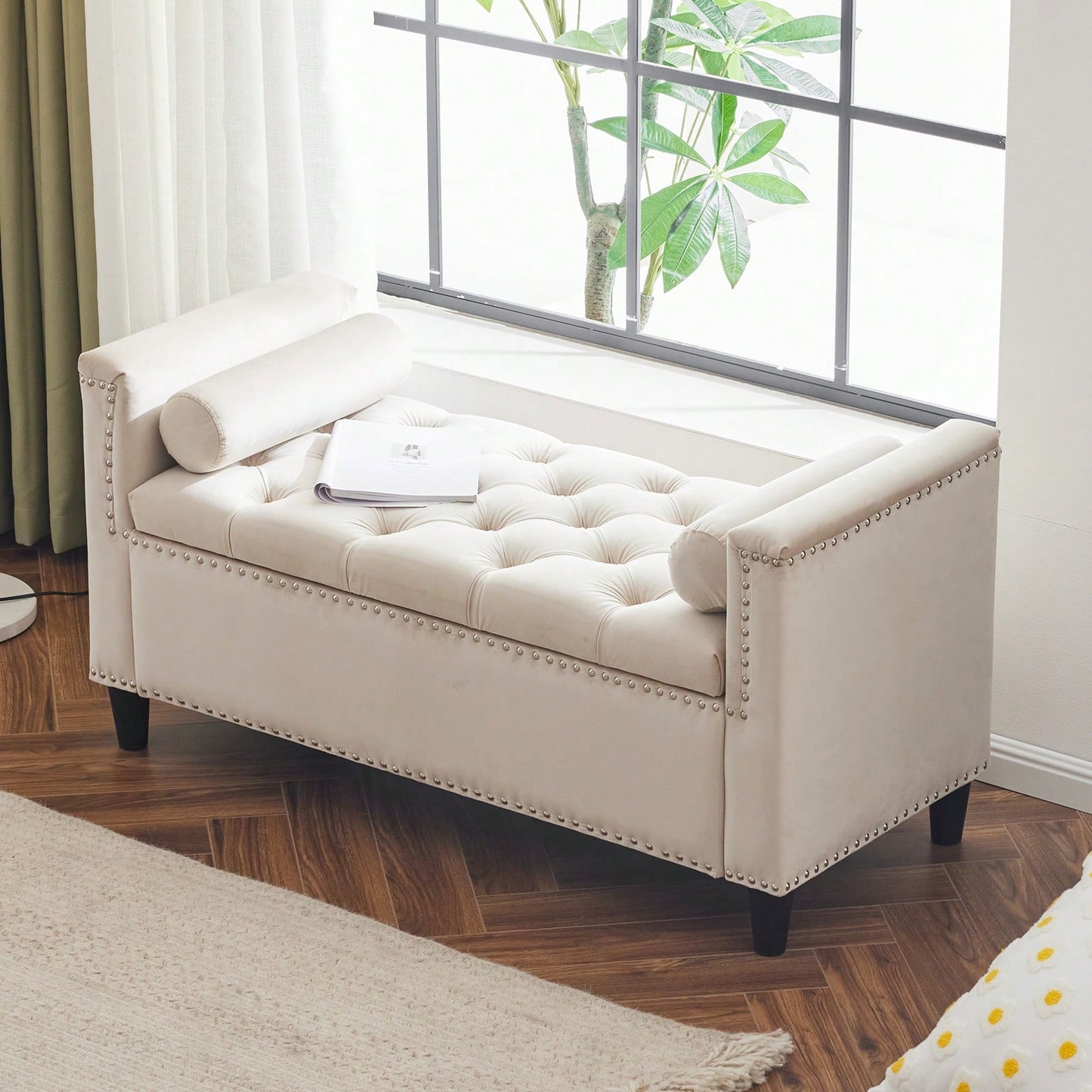 Stylish Velvet Storage Bench with Armrests 44.5 Inch Upholstered Entryway and Bedroom Seat with Hidden Storage and Nailhead Trim