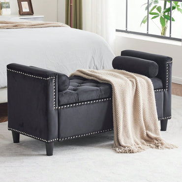 Stylish Velvet Storage Bench with Armrests 44.5 Inch Upholstered Entryway and Bedroom Seat with Hidden Storage and Nailhead Trim