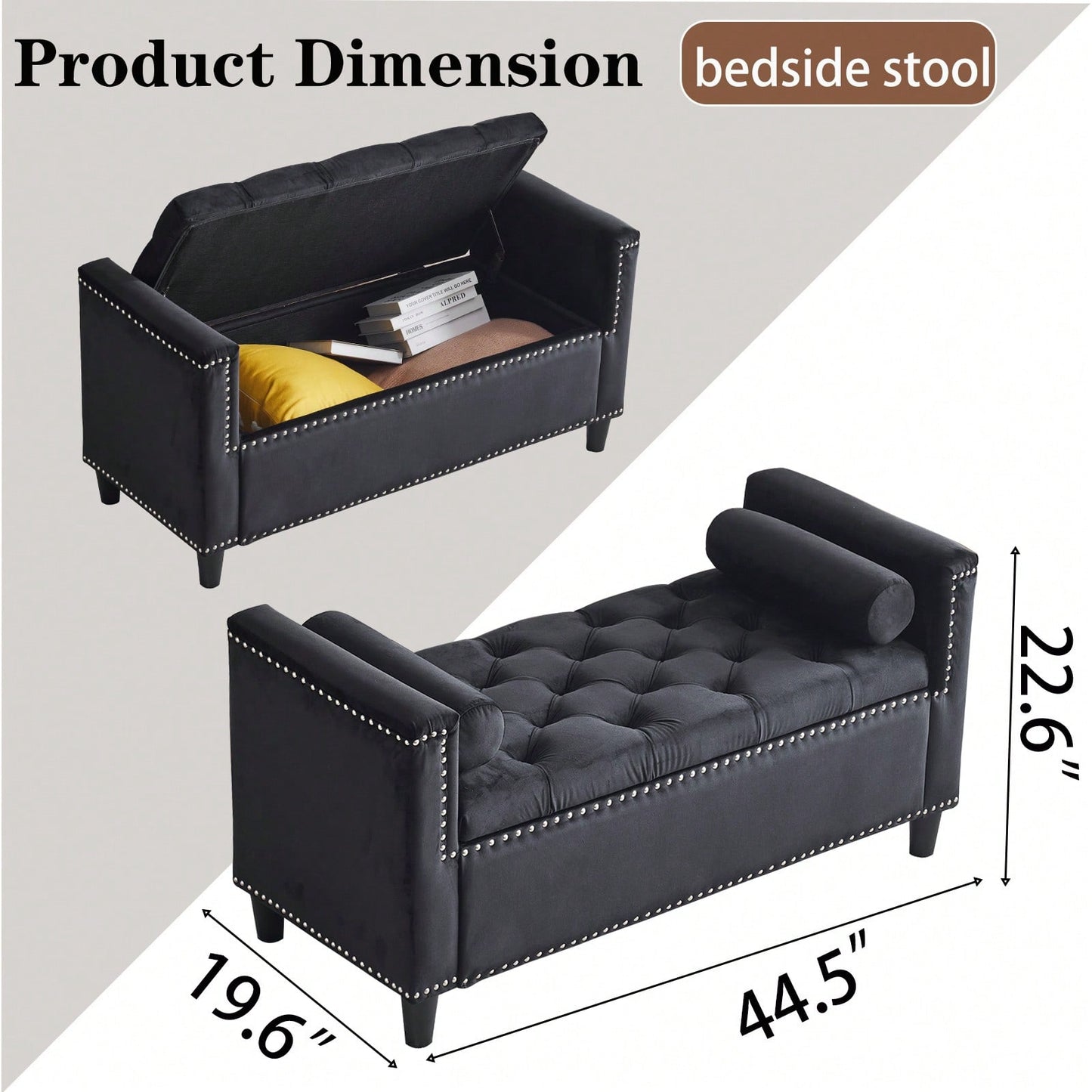 Stylish Velvet Storage Bench with Armrests 44.5 Inch Upholstered Entryway and Bedroom Seat with Hidden Storage and Nailhead Trim