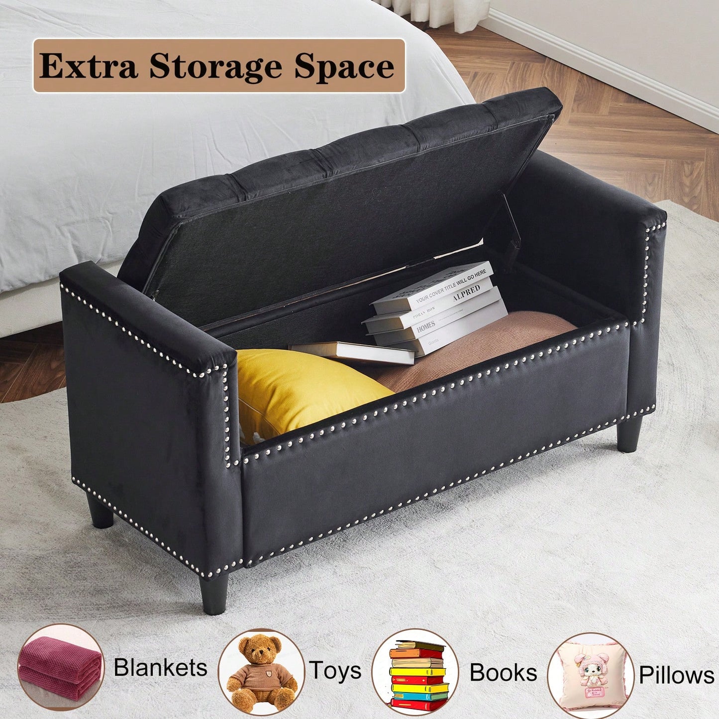 Stylish Velvet Storage Bench with Armrests 44.5 Inch Upholstered Entryway and Bedroom Seat with Hidden Storage and Nailhead Trim