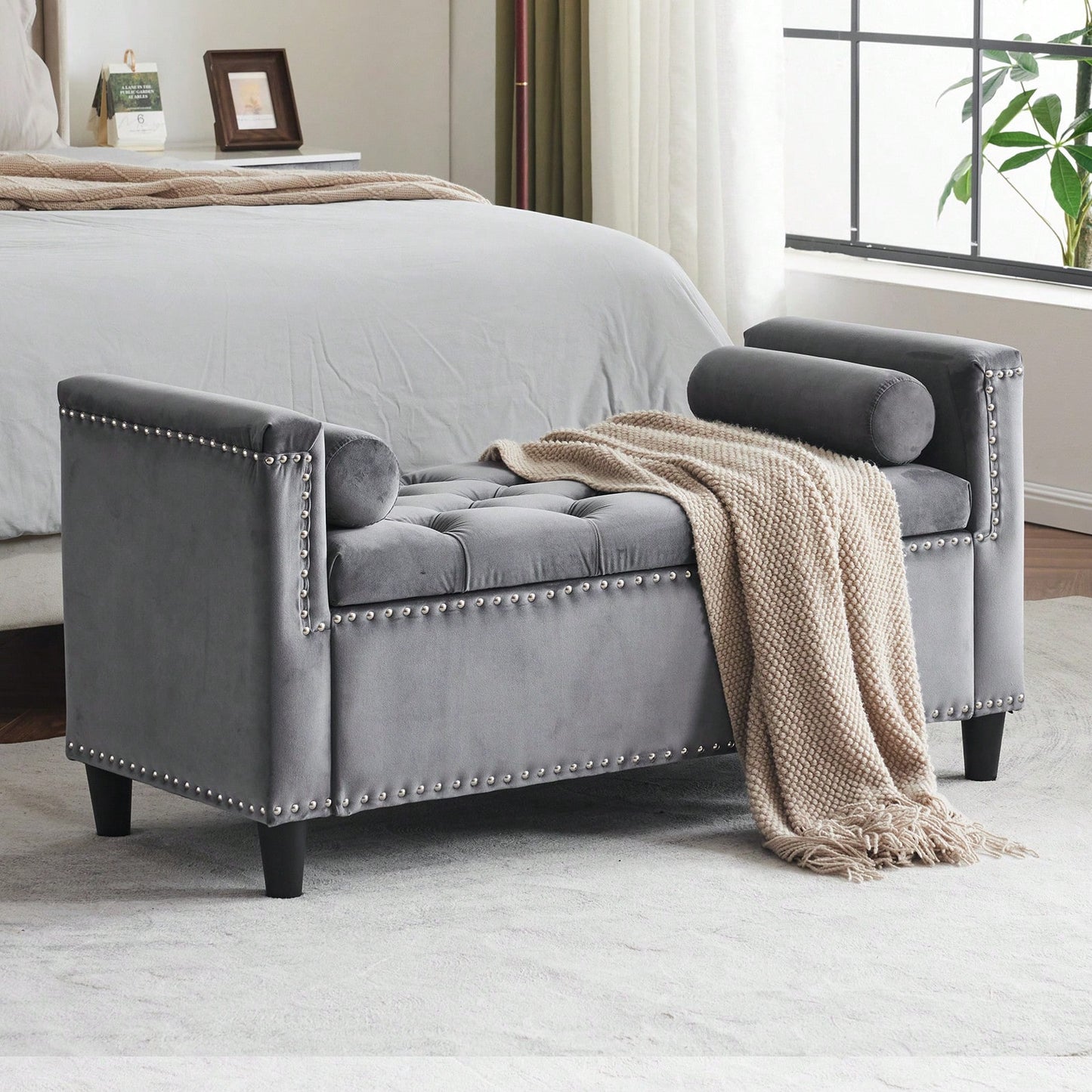 Stylish Velvet Storage Bench with Armrests 44.5 Inch Upholstered Entryway and Bedroom Seat with Hidden Storage and Nailhead Trim