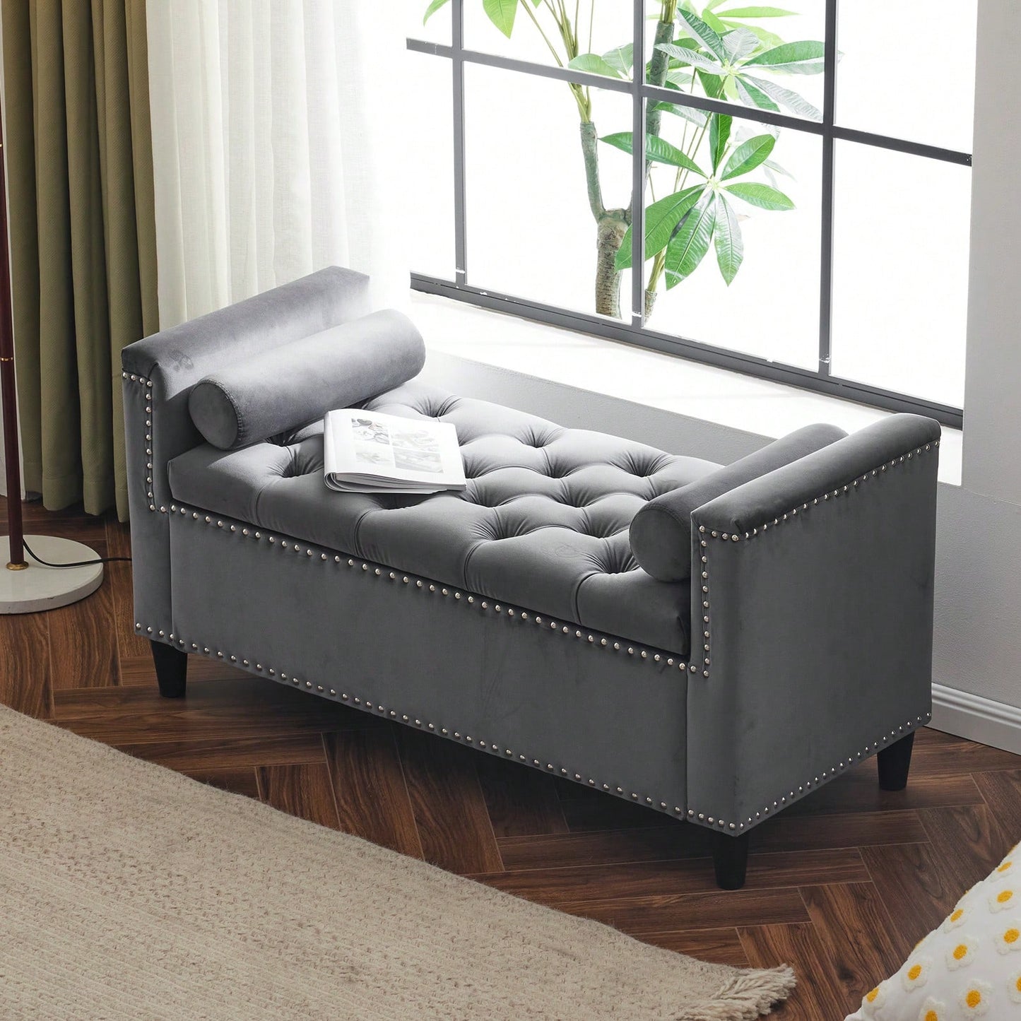 Stylish Velvet Storage Bench with Armrests 44.5 Inch Upholstered Entryway and Bedroom Seat with Hidden Storage and Nailhead Trim