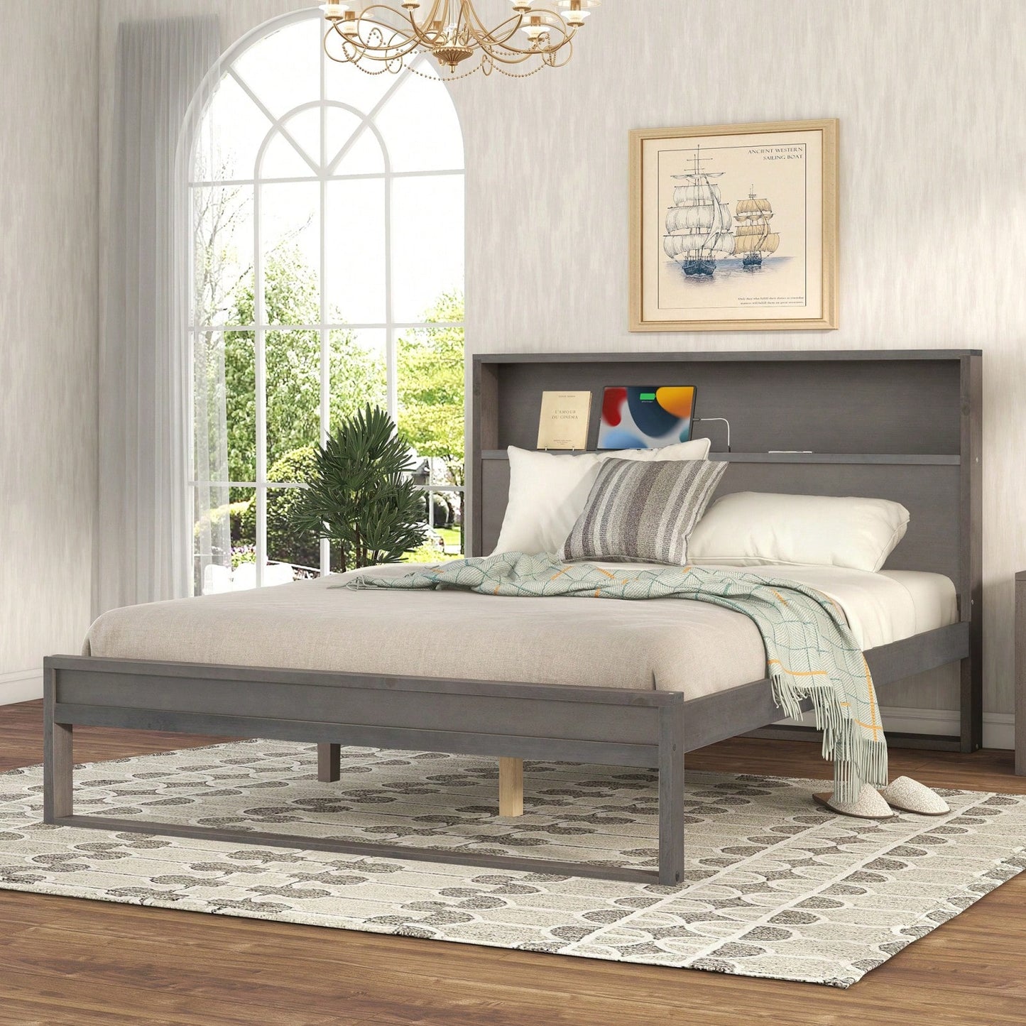 Queen Platform Bed Frame With Storage Headboard, Built-In Sockets & USB Ports, No Box Spring Needed, Wood Slat Support, Easy Assembly