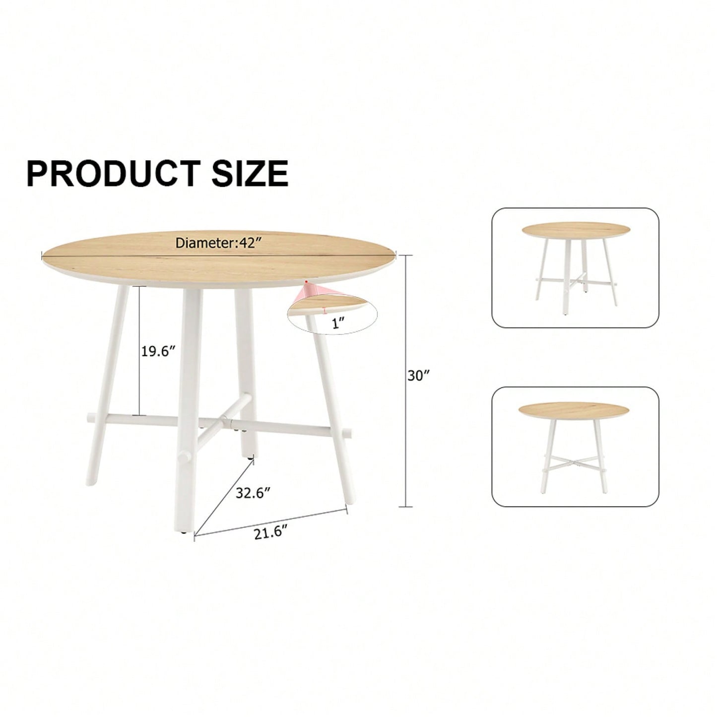 Mid-Century Modern 42 Inch Round Dining Table with Wood Grain Top and White Metal Legs for 4-6 People