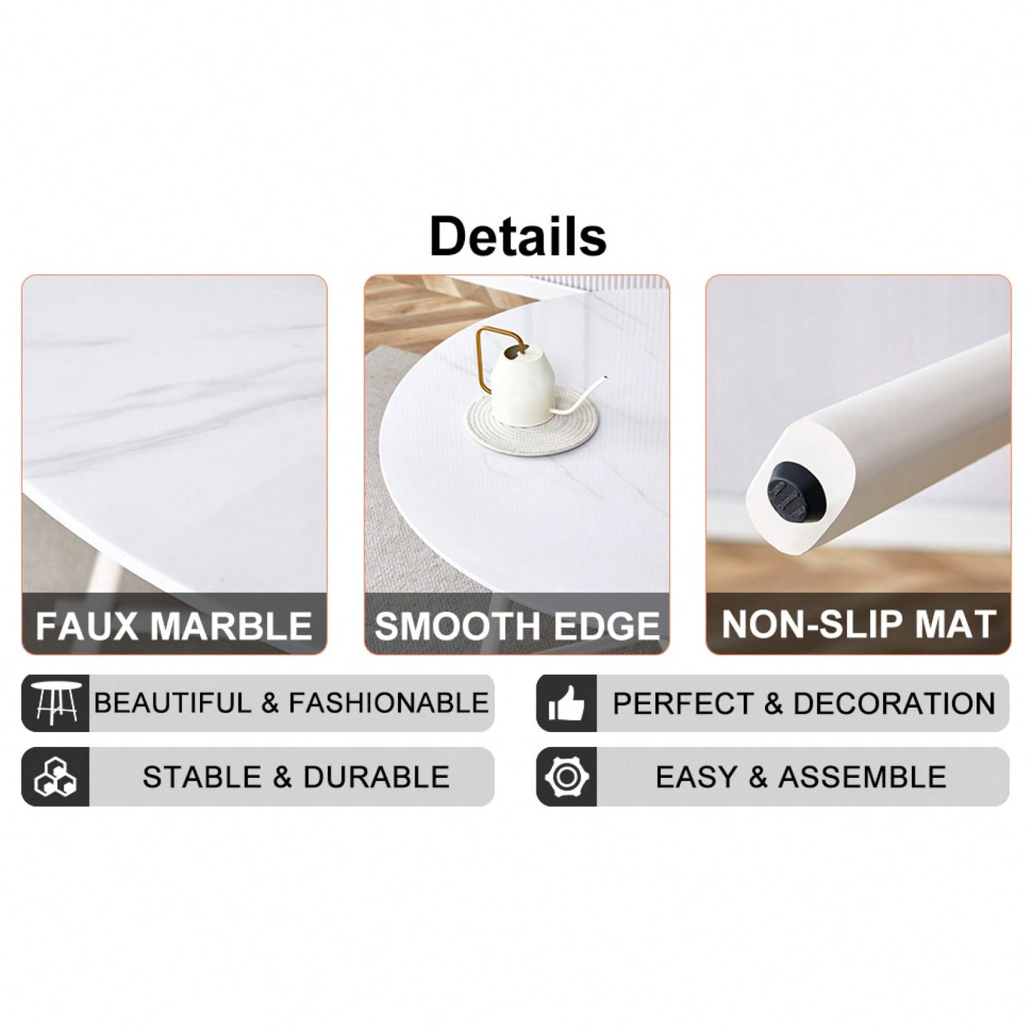 Mid-Century Modern 42 Inch Round Dining Table with Wood Grain Top and White Metal Legs for 4-6 People