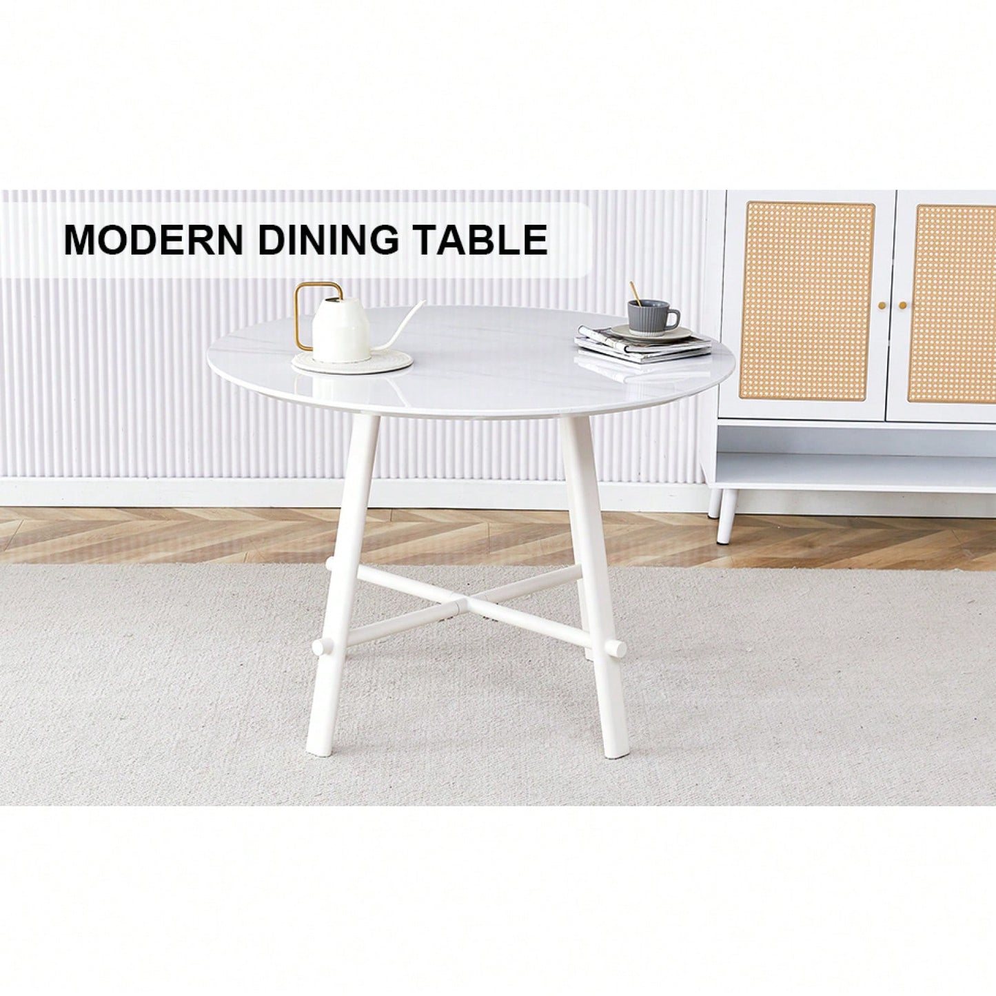 Mid-Century Modern 42 Inch Round Dining Table with Wood Grain Top and White Metal Legs for 4-6 People