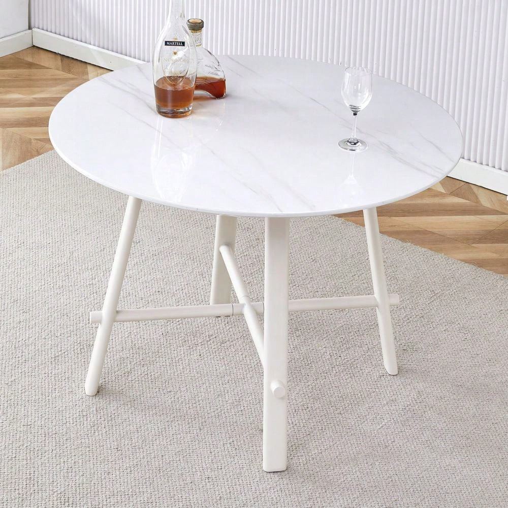 Mid-Century Modern 42 Inch Round Dining Table with Wood Grain Top and White Metal Legs for 4-6 People