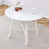 Mid-Century Modern 42 Inch Round Dining Table with Wood Grain Top and White Metal Legs for 4-6 People