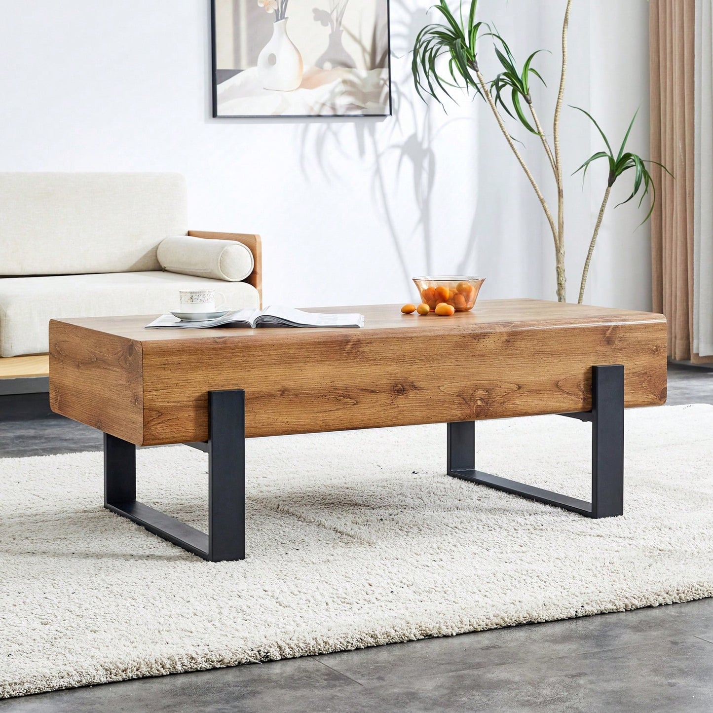 Rustic MDF Coffee Table with Metal Legs - Sturdy Elegant Living Room and Bedroom End Table - Easy Assembly