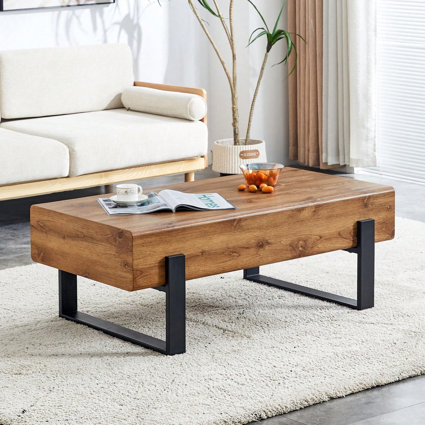 Rustic MDF Coffee Table with Metal Legs - Sturdy Elegant Living Room and Bedroom End Table - Easy Assembly