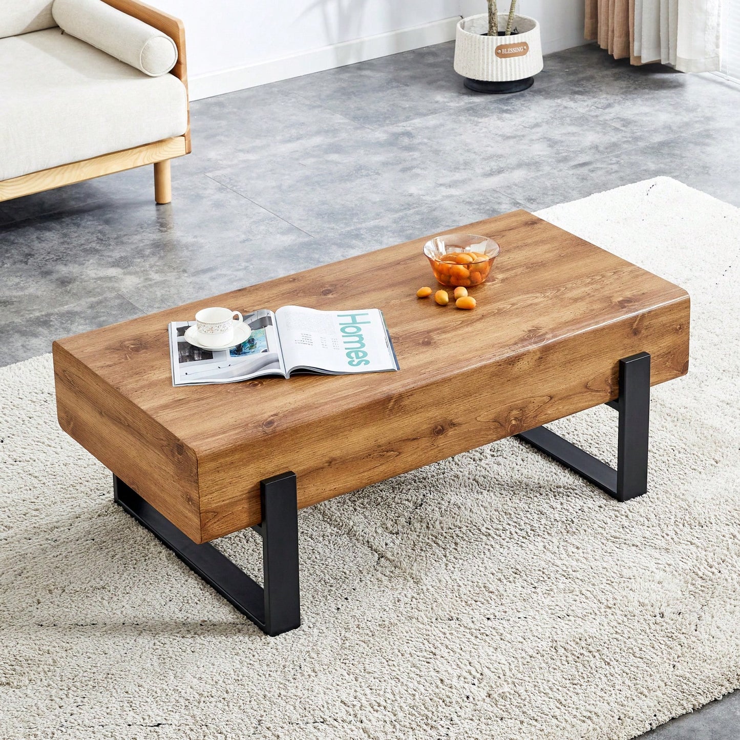 Rustic MDF Coffee Table with Metal Legs - Sturdy Elegant Living Room and Bedroom End Table - Easy Assembly