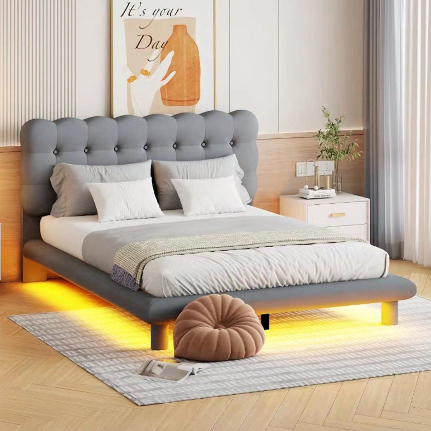 Queen Size Velvet Platform Bed Frame With LED Lights, Upholstered Button-Tufted Headboard, Music Sync, Remote Control, Easy Assembly