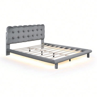 Queen Size Velvet Platform Bed Frame With LED Lights, Upholstered Button-Tufted Headboard, Music Sync, Remote Control, Easy Assembly