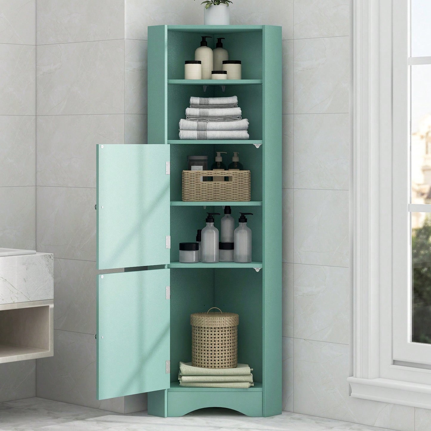 Freestanding Bathroom Corner Cabinet With Doors And Adjustable Shelves, MDF Board, Green