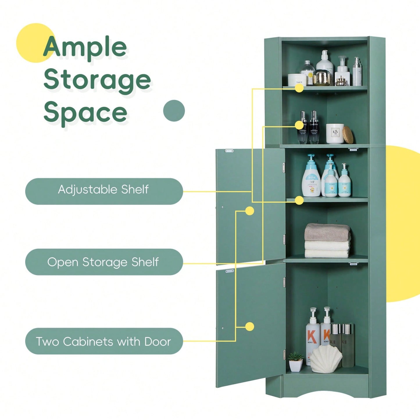 Freestanding Bathroom Corner Cabinet With Doors And Adjustable Shelves, MDF Board, Green