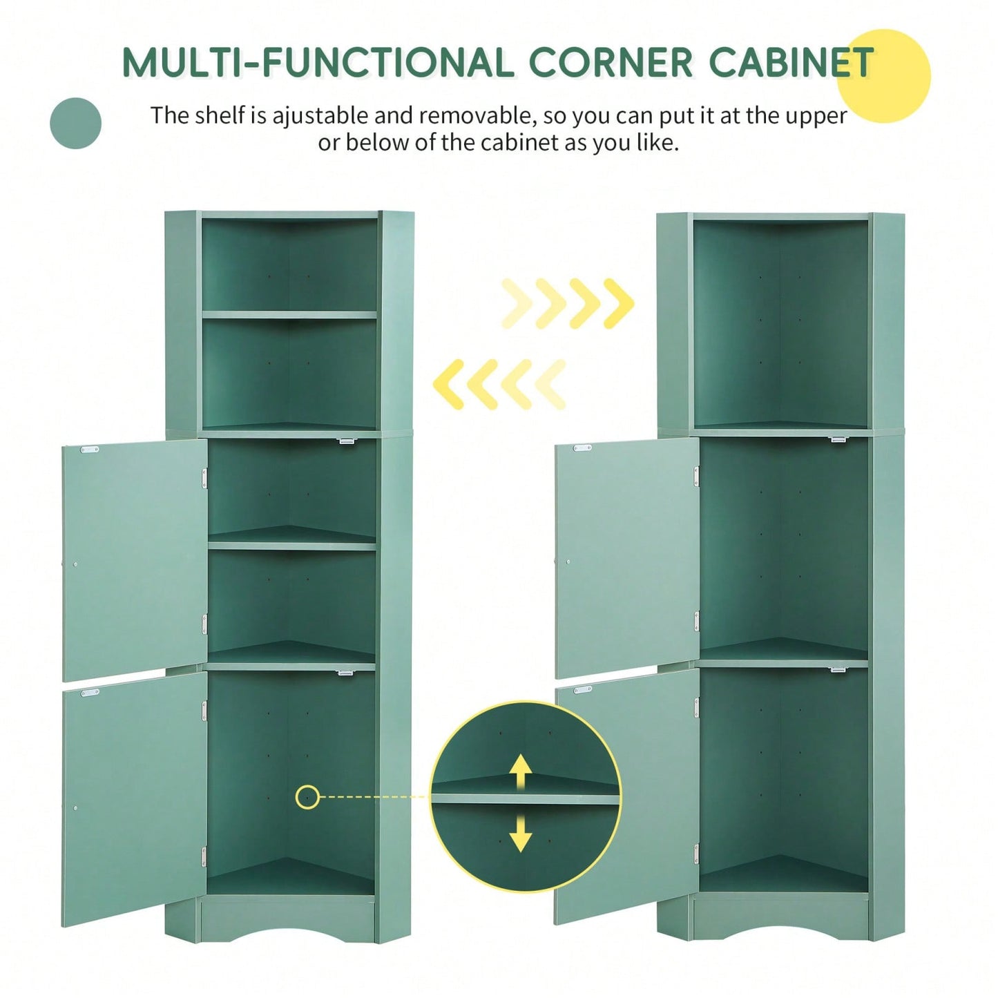 Freestanding Bathroom Corner Cabinet With Doors And Adjustable Shelves, MDF Board, Green