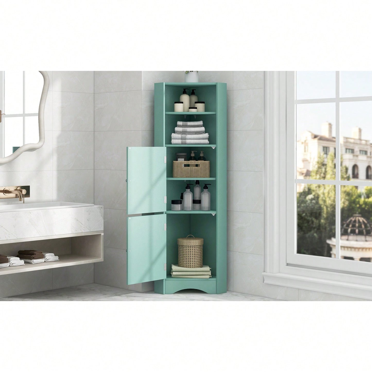 Freestanding Bathroom Corner Cabinet With Doors And Adjustable Shelves, MDF Board, Green