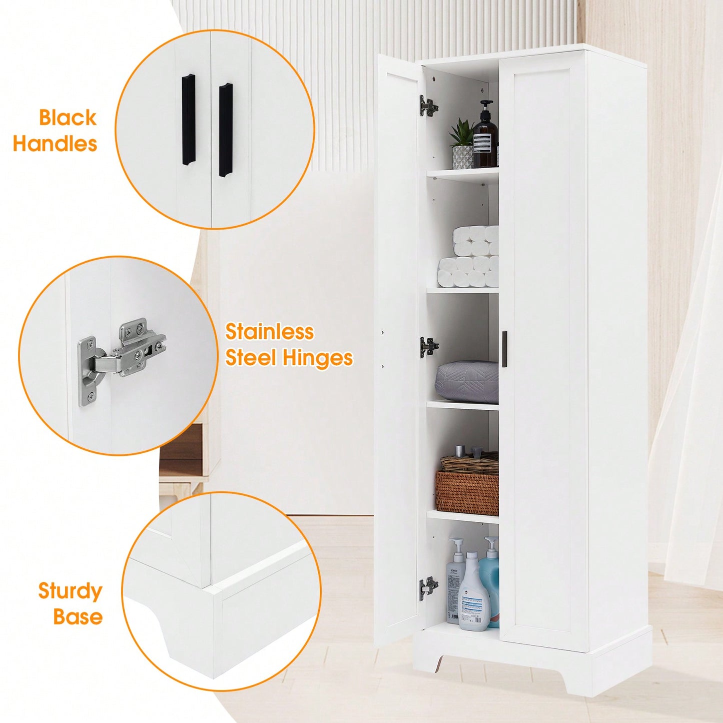 Storage Cabinet With Two Doors, Adjustable Shelf, MDF Board, White