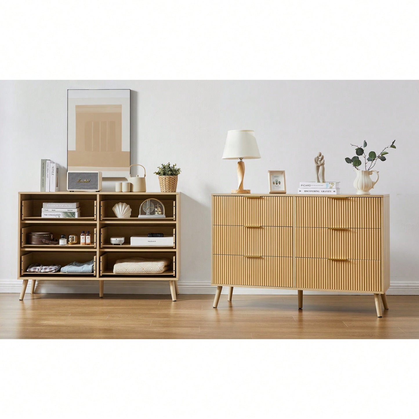 Modern Bedroom Dresser With 6 Wavy Drawers, Wood Chest Of Drawers For Bedroom, Living Room, Entryway Hallway Storage Organizer, 47.2" W